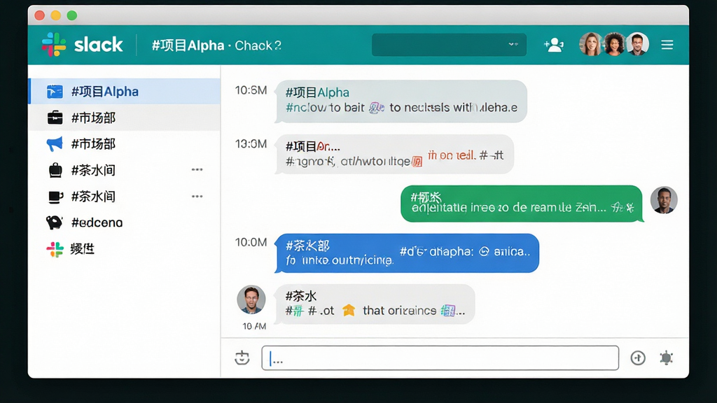 主体:Slack软件界面的频道列表和聊天窗口,展示多个频道名称如“#项目Alpha”“#市场部”“#茶水间”。布局:左侧边栏为频道列表,右侧为选中的聊天窗口,消息气泡清晰可见。排版:频道名称用不同颜色图标区分,聊天消息按时间顺序排列。风格:扁平化、简洁、商务。细节:窗口顶部显示频道名称和成员头像,底部为输入框。画质:高清、干净、无多余元素。