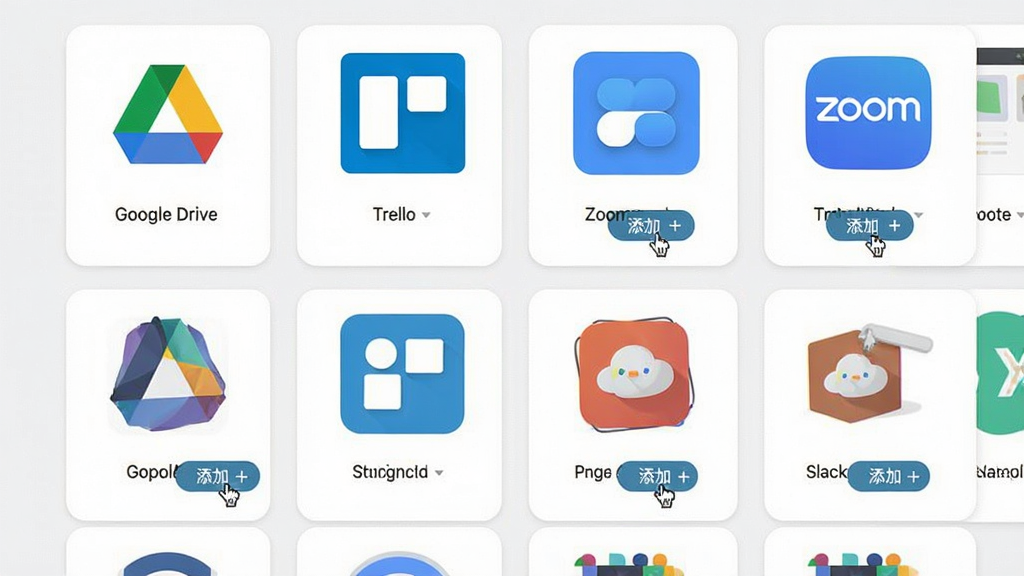 主体:Slack应用目录界面,展示多个第三方应用图标(如Google Drive、Trello、Zoom)。布局:网格状排列应用卡片,每个卡片包含图标和名称。排版:卡片整齐排列,鼠标悬停显示“添加”按钮。风格:现代、彩色、商务。细节:应用图标色彩丰富,背景为浅色。画质:高清、干净、无多余元素。