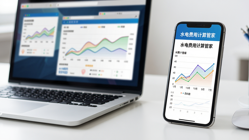 主体:一张整洁的电脑桌,桌面上摆放着笔记本和一部手机,手机屏幕上是“水电费用计算管家”的数据统计图表界面。布局:左侧为笔记本,右侧为手机,两者屏幕相呼应。排版:图表上的折线清晰,色彩鲜艳。风格:写实摄影风格,景深浅。细节:手机屏幕上方有“水电费用计算管家”字样,笔记本上有多窗口。画质:高清,明亮,干净,无多余元素。