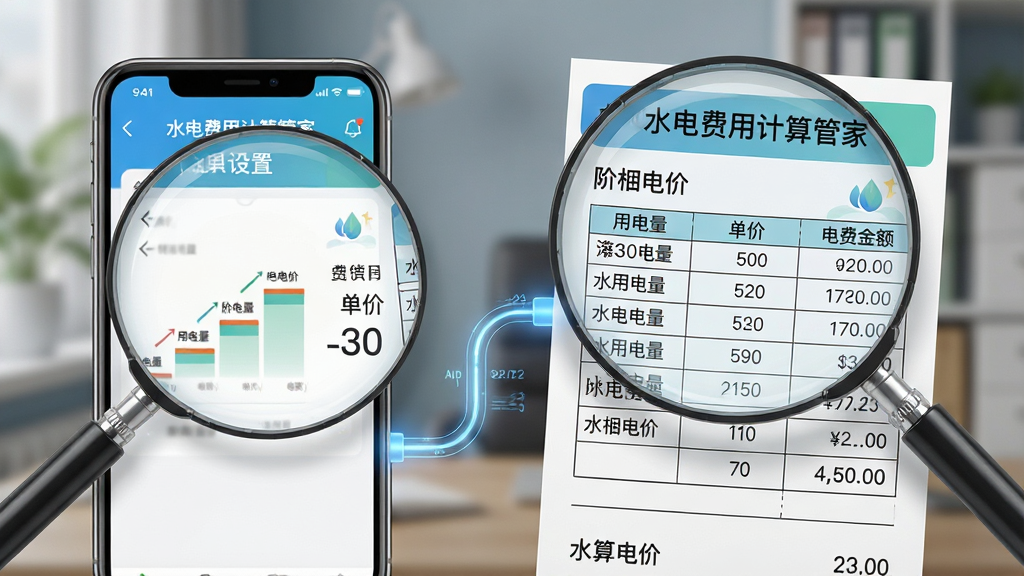 主体:一个被放大镜放大的电费单,单据上显示出“水电费用计算管家”App计算出的阶梯电价明细表格。布局:画面左侧是手机App的阶梯价格设置界面,右侧是放大镜及单据,两者通过一条发光的数据线连接。排版:单据上的文字和数字清晰可辨,表格线条笔直。风格:写实与UI界面结合风格,背景虚化,突出主体。细节:单据抬头有“水电费用计算管家”字样,表格内包含用电量、单价、电费金额等行。画质:高分辨率,干净,无多余元素。