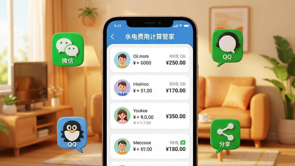 主体:一部手机屏幕展示着“水电费用计算管家”的平摊结果页面,页面上有多个头像和对应的金额。布局:手机位于画面中央,周围漂浮着微信、QQ等社交软件的分享图标,背景为温馨的客厅场景。排版:屏幕内列表清晰,头像圆形排列。风格:温暖明亮的3D渲染风格。细节:分享图标上有“微信”、“QQ”字样,屏幕顶部有“水电费用计算管家”的标题栏。画质:高清晰度,干净,无多余元素。