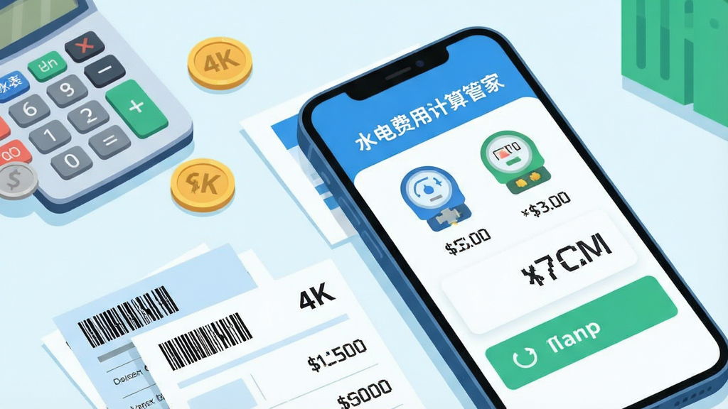 主体:一部亮着屏幕的智能手机,屏幕中清晰显示“水电费用计算管家”的结算界面,界面内有水表、电表图标及清晰的费用数字。布局:手机位于画面中央偏右,左侧留白处放置一个计算器与几枚硬币,下方散落着水电费账单纸张。排版:手机屏幕内容细节丰富,数字清晰可读,整体构图平衡。风格:扁平化现代插画风格,色彩明快清爽,以蓝色和绿色为主色调。细节:屏幕上的应用名称“水电费用计算管家”文字清晰,账单纸上有条形码和金额。画质:4k高清,干净,无多余元素。