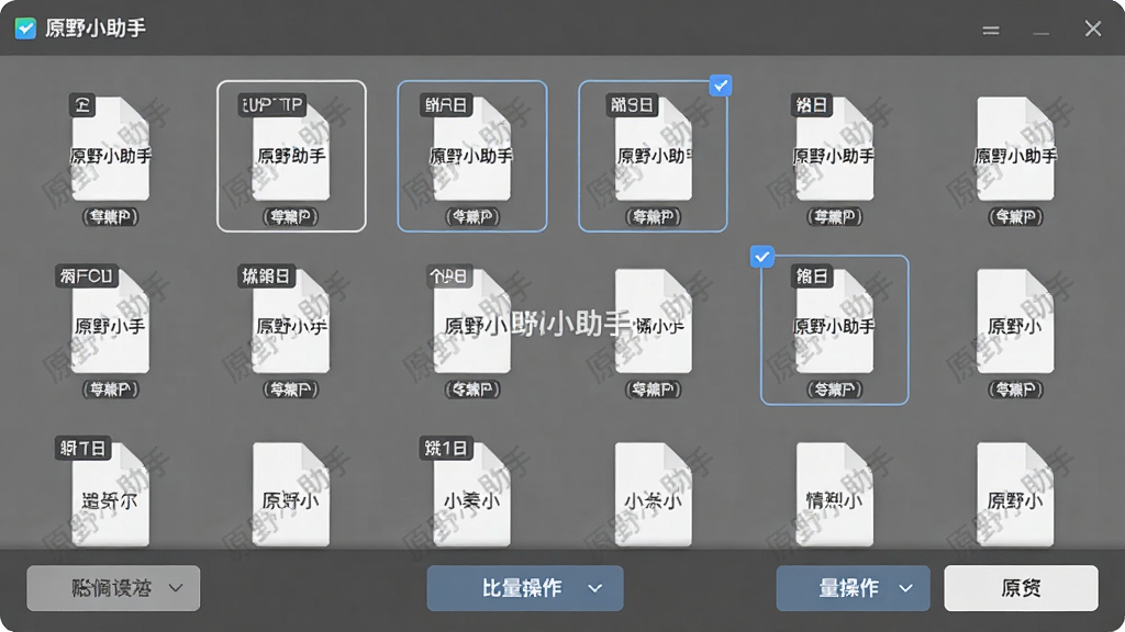 主体:原野小助手文件管理界面。布局:文件以网格形式展示,底部有批量操作按钮。排版:文件缩略图排列整齐,操作按钮位于底部。风格:简约商务风,灰色背景。细节:文件图标上标注类型,选中文件有高亮边框,显示“原野小助手”水印。画质:高清,干净,无多余元素。