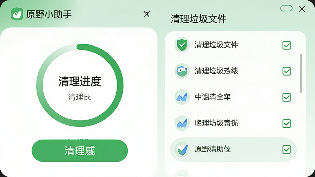 主体:原野小助手清理功能的界面展示。布局:屏幕显示清理进度环和可清理垃圾文件列表。排版:数据以图表和列表结合方式展示。风格:清爽绿色调,突出安全放心。细节:显示“原野小助手”标志,清理按钮醒目,列表项带有复选框。画质:高清,干净,无多余元素。
