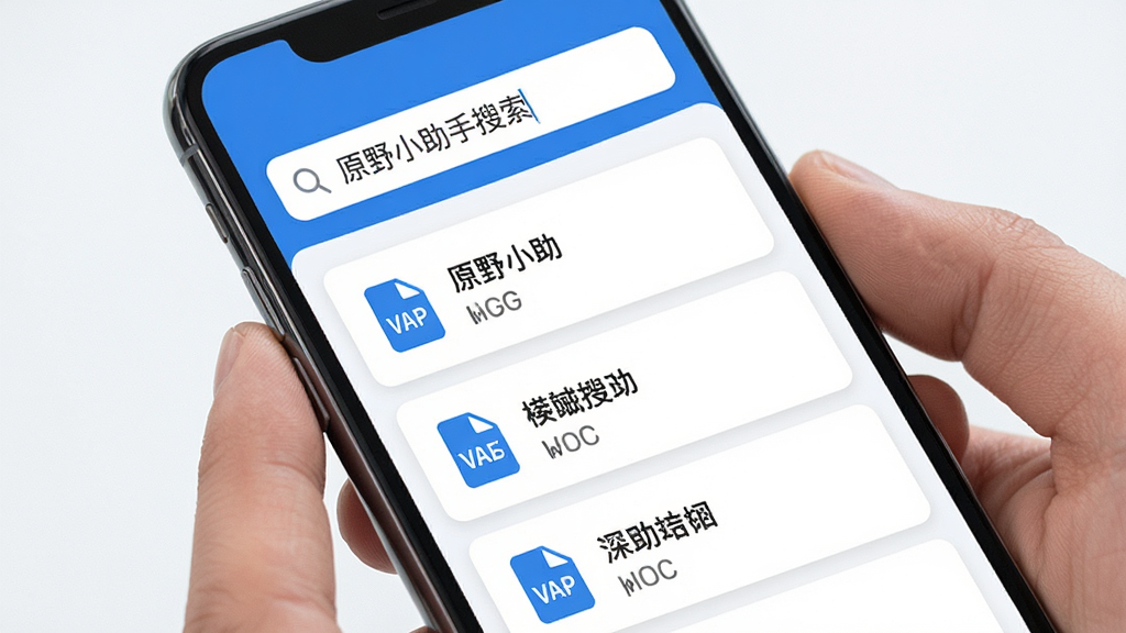 主体:手机屏幕展示原野小助手的搜索功能界面。布局:搜索框位于顶部,下方列出搜索结果列表。排版:结果以卡片形式展示,包含文件图标和名称。风格:简洁清晰,蓝白配色。细节:搜索框内文字“原野小助手搜索”,结果中显示文件类型图标。画质:高清,干净,无多余元素。