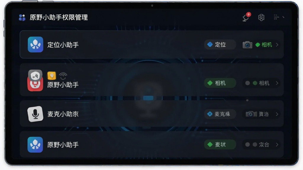 主体:原野小助手权限管理界面。布局:应用列表展示,每个应用显示权限图标。排版:列表简洁,权限状态用颜色区分。风格:科技感,深色主题。细节:屏幕顶部显示“原野小助手权限管理”,权限项包括定位、相机、麦克风。画质:高清,干净,无多余元素。