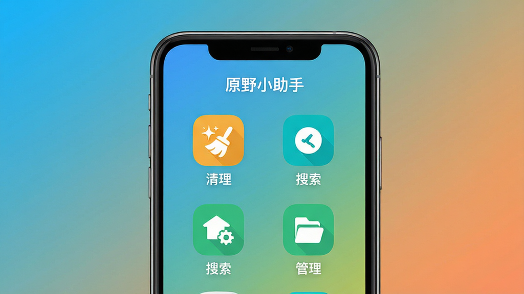 主体:原野小助手应用主界面展示,手机屏幕中显示简洁的功能图标排列。布局:居中构图,手机占据画面主要位置,背景为渐变色。排版:界面图标清晰,功能名称文字标注。风格:现代扁平化设计,色彩明快。细节:屏幕中显示“原野小助手”字样,功能图标包括清理、搜索、管理。画质:高清,干净,无多余元素。