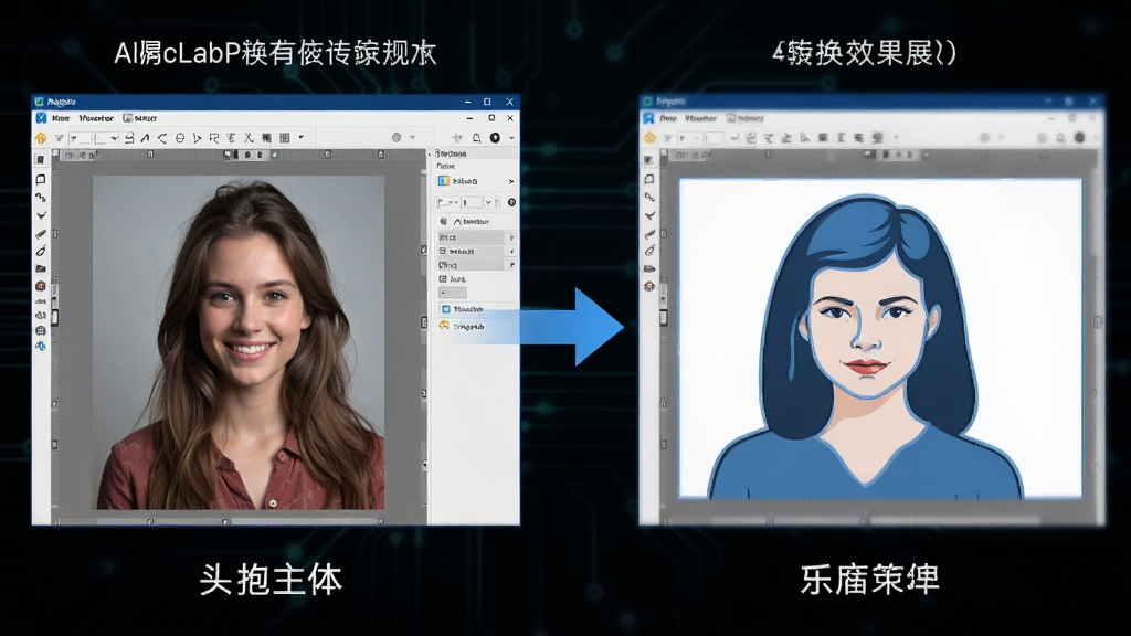 主体:AlgoLab Photo Vector软件界面与转换效果展示。布局:左侧为原始位图照片,右侧为转换后的矢量图形,中间以箭头连接。排版:清晰对比,突出转换前后差异。风格:现代科技感,蓝白主色调。细节:界面显示菜单栏、工具栏及预览窗口,矢量图形边缘光滑。画质:高清渲染,干净无多余元素。