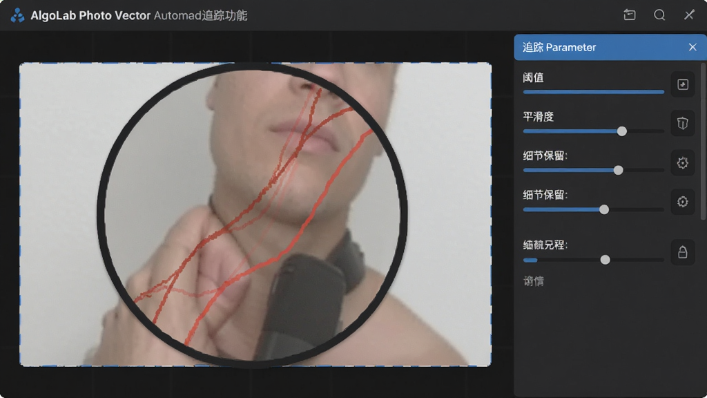 主体:AlgoLab Photo Vector自动追踪功能界面。布局:中央显示放大后的图片局部,右侧为追踪参数面板。排版:参数项包括阈值、平滑度、细节保留等。风格:简洁专业,深灰背景配蓝色高亮。细节:追踪结果以红色路径叠加显示在原图上。画质:清晰锐利,干净无多余元素。
