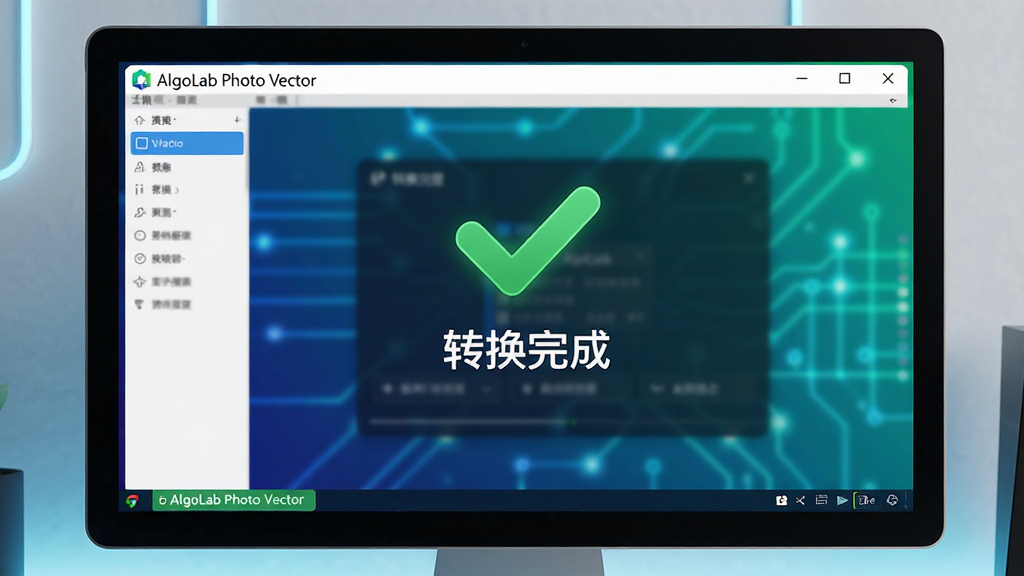 主体:AlgoLab Photo Vector在电脑上运行,显示转换成功提示。布局:屏幕中央有绿色对勾图标,背景为软件主界面。排版:简洁,提示文字“转换完成”。风格:明亮,科技感。细节:状态栏显示输出路径。画质:高清,干净。