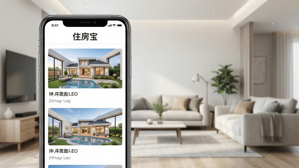 住房宝APP界面预览,主体为手机屏幕展示房源列表,顶部显示“住房宝”字样,背景为现代简约客厅,布局清晰,排版整洁,风格明亮,细节丰富,画质高清,干净无多余元素
