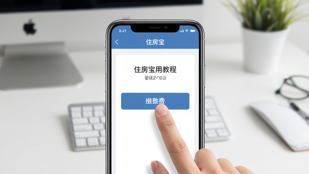 住房宝使用教程插图,主体为手机操作演示,点击缴费按钮,背景为简约桌面,布局居中,排版清晰,风格写实,细节包括手指点击动作,画质高清,干净无多余元素