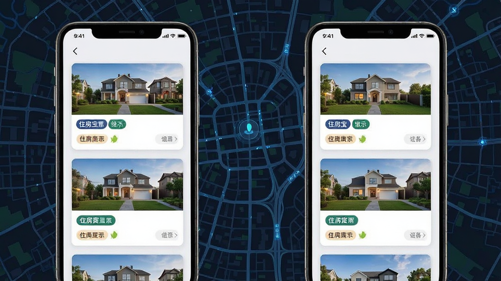 住房宝智能匹配功能展示,主体为手机界面显示匹配房源卡片,背景为城市地图,布局左右对称,排版简洁,风格科技感,细节包括房源标签,画质清晰,干净无多余元素