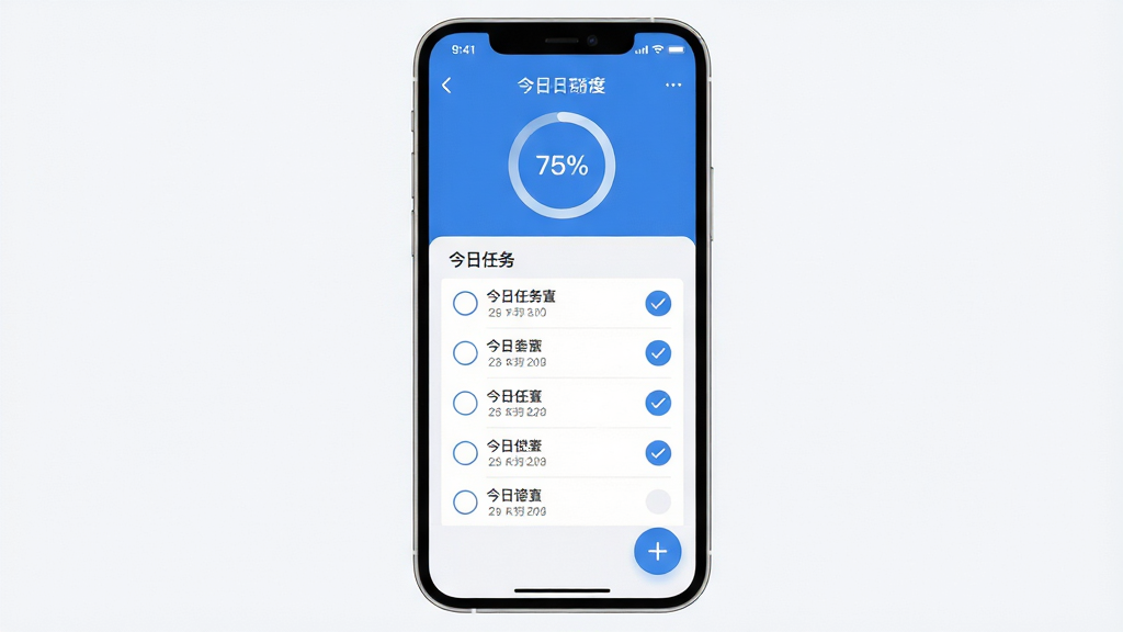 主体:手机屏幕展示“做到”应用主界面,界面顶部显示日期和进度环,中部为今日任务列表,每个任务前有圆形勾选框,底部有蓝色加号按钮。布局:手机居中,界面元素清晰排列,周围留白。排版:扁平化设计,任务列表对齐整齐,图标简洁。风格:现代简约,浅色背景,主色调为蓝色和白色。细节:任务文字清晰可读,进度环显示“75%”,勾选框内有白色对勾。画质:高清渲染,干净,无多余元素。