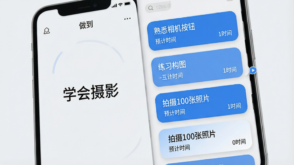 主体:手机界面展示“做到”的目标拆解功能,左侧为原始目标“学会摄影”,右侧展开为多个子任务卡片。布局:左右分栏,子任务卡片垂直排列,每个卡片上有任务名和预计时间。排版:卡片式布局,圆角矩形,间距均匀。风格:清爽简洁,浅灰背景,蓝色强调色。细节:子任务卡片上写有“熟悉相机按钮”、“练习构图”、“拍摄100张照片”等文字。画质:高清,干净,无多余元素。