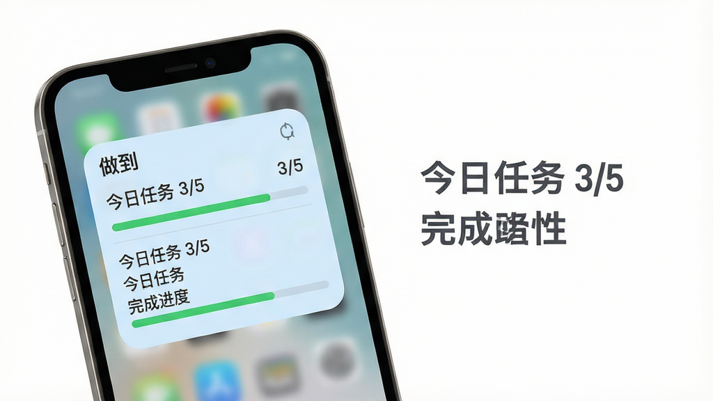 主体:手机屏幕展示“做到”的桌面小组件,组件显示今日任务列表和完成进度条。布局:手机左侧放置,右侧有简单的文字说明。排版:组件圆角矩形,背景浅蓝,文字深灰。风格:简约清新,白色背景。细节:组件上写有“今日任务 3/5”,进度条为绿色。画质:高清,干净,无多余元素。