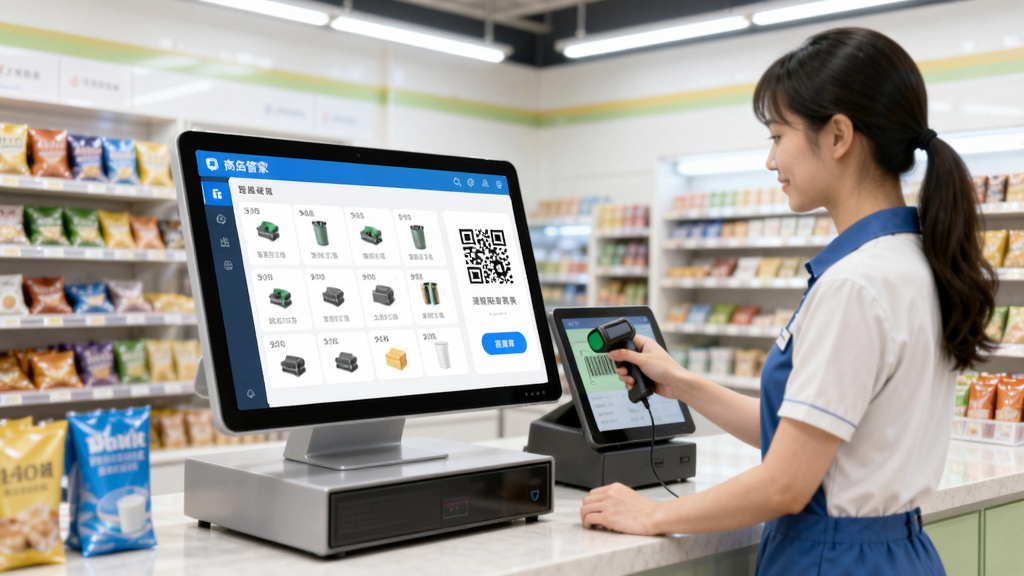 主视觉:商店管家收银软件在明亮整洁的便利店前台运行,屏幕显示商品列表和收款二维码,收银员正在扫码,背景是货架和灯光,整体风格现代简约,色彩明亮,突出软件界面清晰、操作便捷,画质干净无多余元素
