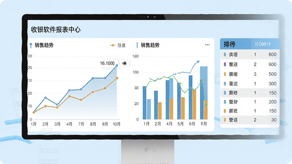 商店管家收银软件报表中心,折线图和柱状图展示销售趋势,旁边有排行表格,背景浅蓝色,数据可视化风格,图表清晰,画质干净