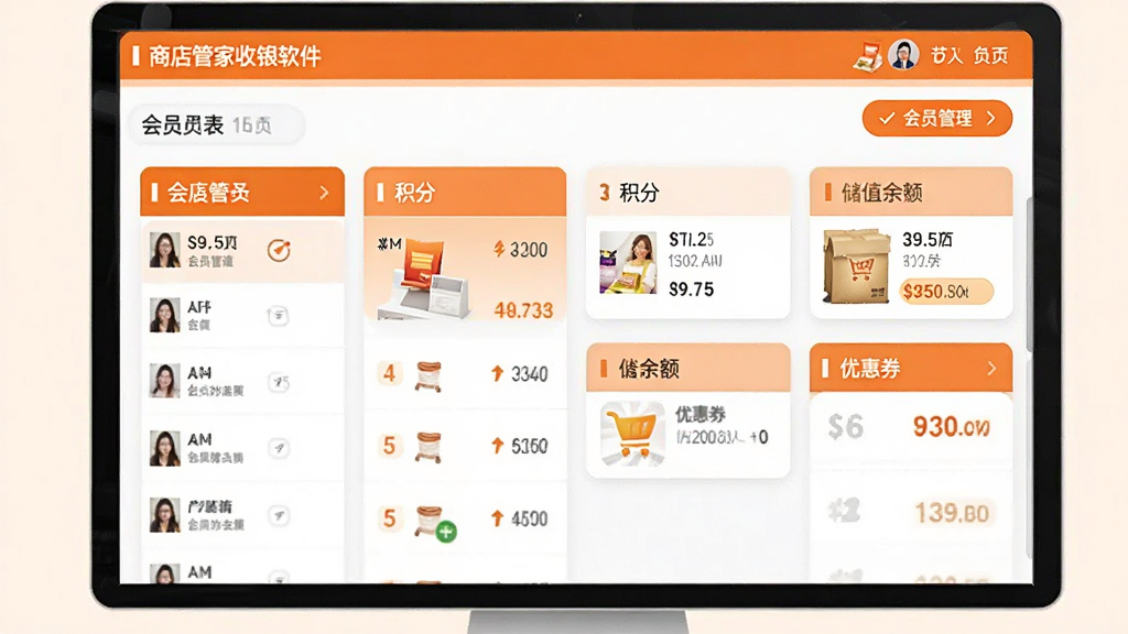 商店管家收银软件会员管理页面,展示会员列表、积分、储值余额和优惠券,界面以橙色和白色为主,卡片式布局,配图清晰,画质干净