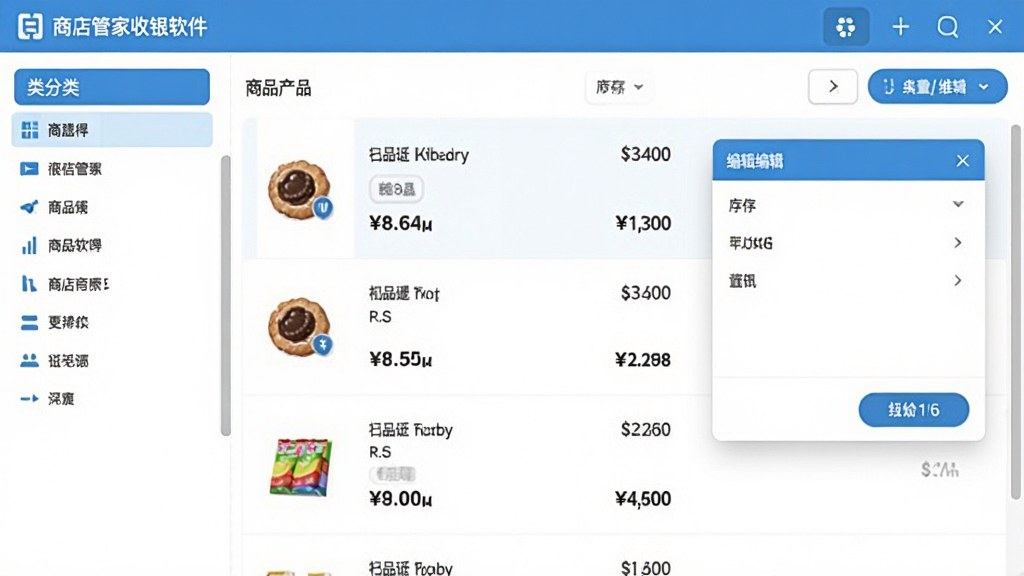 商店管家收银软件商品管理界面截图,左侧分类栏,中间商品列表含价格库存,右侧编辑弹窗,风格扁平化,蓝色主色调,界面整洁,文字清晰,画质干净