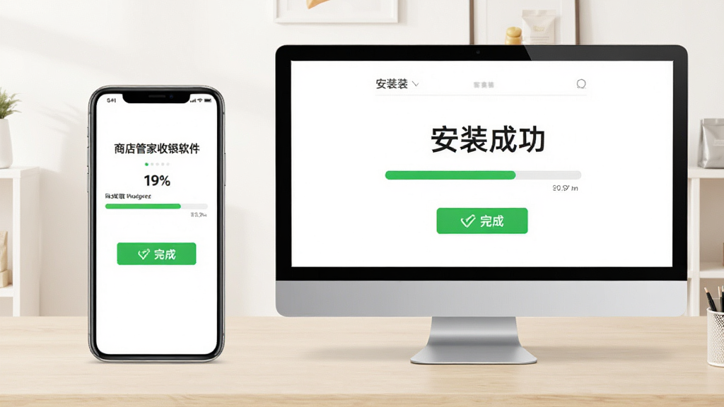 商店管家收银软件在手机和电脑上的安装界面,显示安装进度条和完成按钮,背景为浅色桌面,配文“安装成功”,风格简洁,画质干净