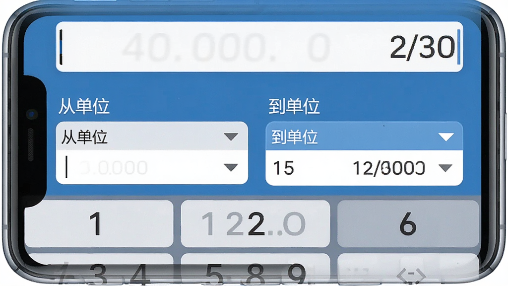 主体:单位转换器软件实际换算操作界面。布局:手机屏幕上方为数值输入框,中间为“从单位”和“到单位”选择区域,下方为数字键盘。排版:右对齐显示输入的数值,单位选择采用下拉列表。风格:扁平化,主色为蓝色系。细节:输入数字后结果自动显示在“到单位”栏,画质清晰,无多余元素。