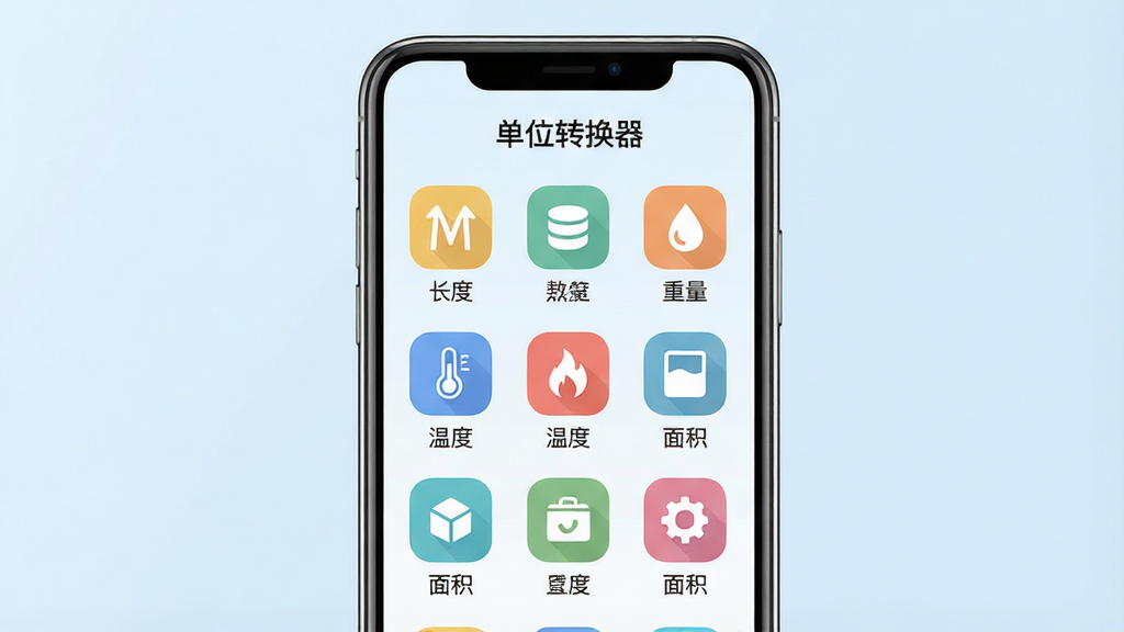 主体:单位转换器软件主界面展示,手机屏幕上有清晰的功能分类图标,背景为淡蓝色渐变,整体干净明亮。布局:手机居中摆放,左右留白,机身上方显示“单位转换器”字样。排版:功能图标采用九宫格排列,每个图标下方有中文标签。风格:扁平化设计,色彩柔和。细节:屏幕中展示长度、重量、温度、面积等常用单位图标,画质高清,干净无多余元素。