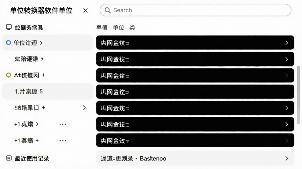 主体:单位转换器软件的单位分类列表界面。布局:手机竖屏展示,左侧为分类列表,右侧为对应的单位选项。排版:列表清晰,字体大小适中。风格:简洁明快,背景为白色。细节:顶部搜索框,底部有最近使用记录,画质清晰,无多余元素。