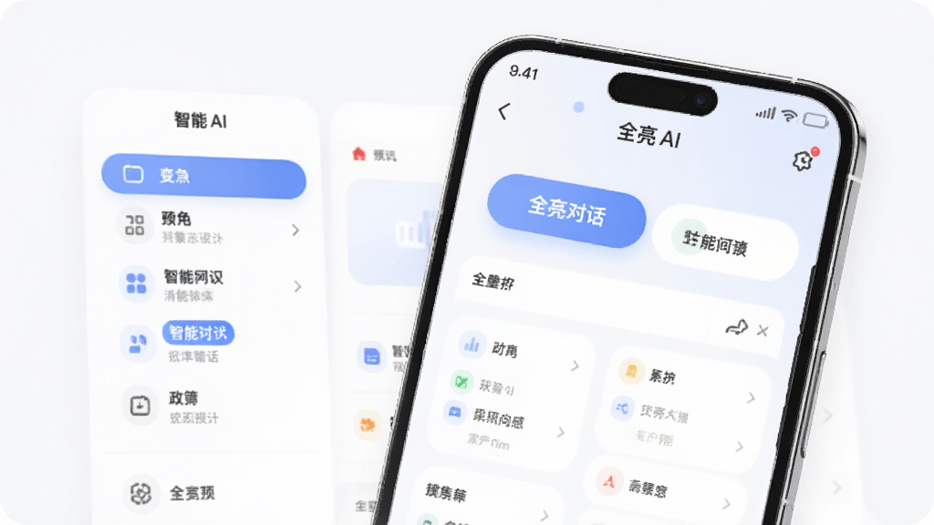 全亮AI主界面预览图,展示智能对话、功能菜单、清新简约风格,主体为手机屏幕中的全亮AI应用界面,布局清晰,排版整洁,风格现代,细节丰富,画质高清,干净无多余元素