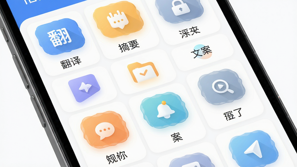 全亮AI多场景工具界面预览图,主体为手机屏幕显示工具列表,包含翻译、摘要、文案等图标,布局网格状,排版整齐,风格清爽,细节丰富,画质高清,干净无多余元素