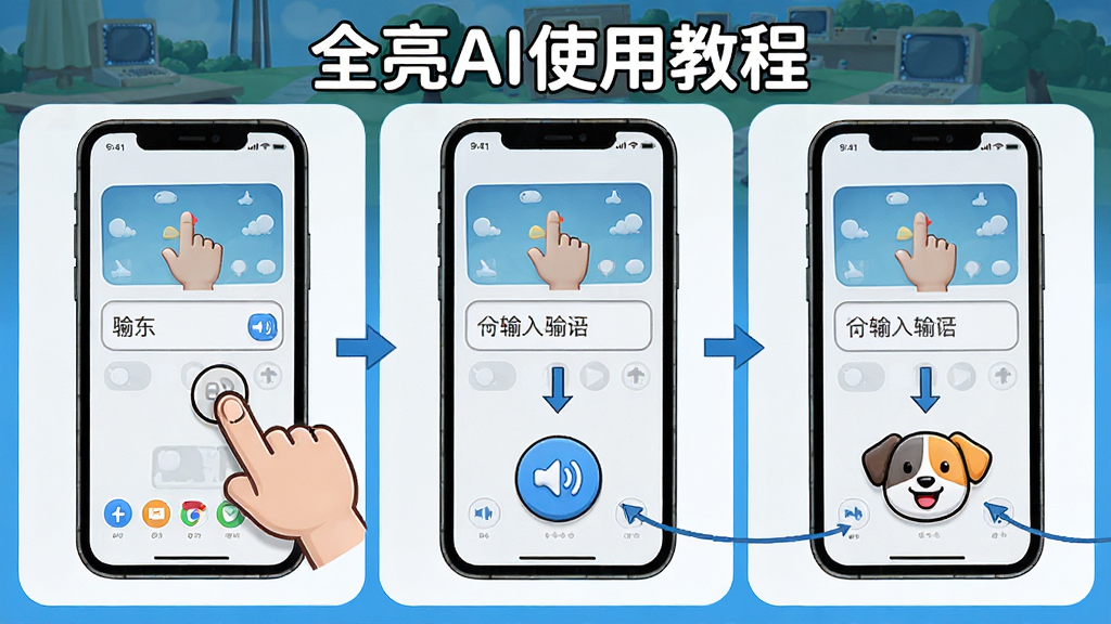 全亮AI使用教程步骤图,主体为手机操作演示,包含点击输入框、语音按钮等指示,布局分步展示,排版清晰,风格卡通,细节丰富,画质高清,干净无多余元素