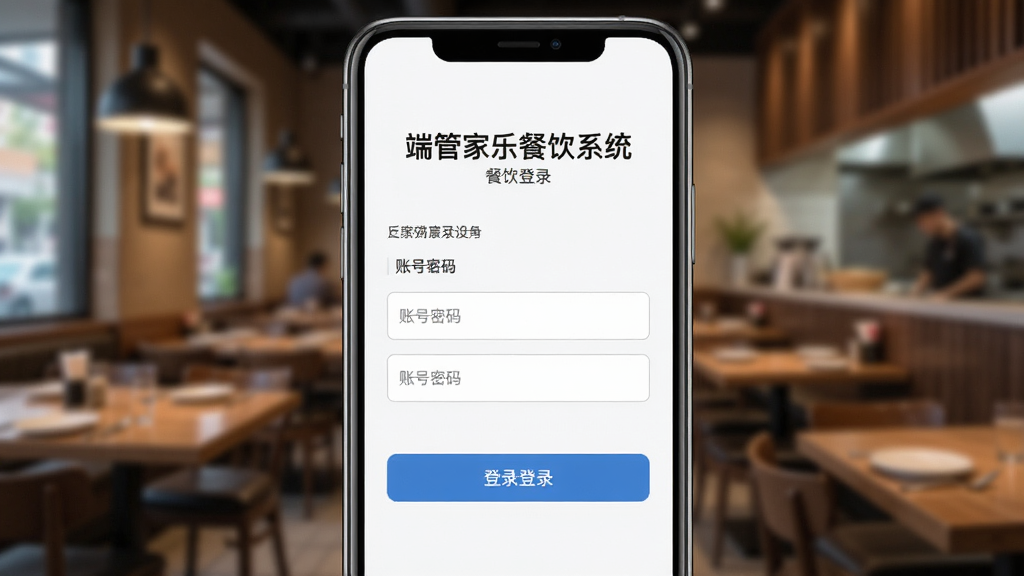 一张展示手机端管家乐餐饮系统登录界面的图片,屏幕显示账号密码输入框和登录按钮,背景为模糊的餐厅环境,整体风格清爽,突出软件名称,画质干净,无多余元素。