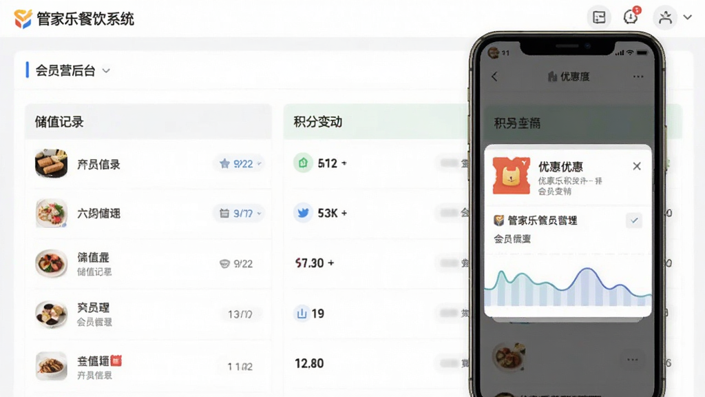 一张展示会员营销后台的截图,包含会员列表、储值记录、积分变动,背景为手机收到优惠券推送的示意图,风格现代,突出“管家乐餐饮系统”会员管理功能,画质清晰,无多余元素。