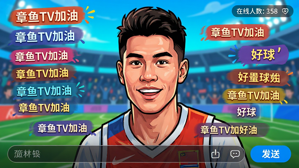 主体为章鱼TV直播间的弹幕互动画面,背景为球场直播实况。布局为中央是球员特写,四周环绕彩色弹幕文字。排版为弹幕从右向左滚动,底部有输入框和“发送”按钮。风格为活力动感插画风,高饱和度色彩。细节包括弹幕中包含“章鱼TV加油”“好球”等字样,画面右上角有在线人数统计。画质为清晰流畅,干净无多余元素。