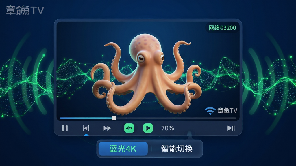 主体为章鱼TV软件播放器设置界面,背景为动态网络信号波纹。布局为中央播放器画面,下方为清晰度选择条。排版为播放器占70%,底部悬浮窗显示“蓝光4K”和“智能切换”选项。风格为拟物化与扁平结合,深蓝色背景搭配荧光绿数据流。细节包括右上角显示网络延迟数值,有“章鱼TV”水印在画面角落。画质为细腻3D渲染,干净无多余元素。