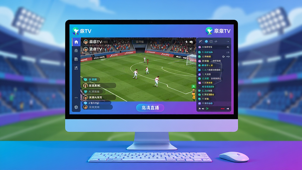 主体为章鱼TV软件界面在电脑屏幕上的展示,背景是虚拟的体育场看台,界面中显示足球比赛直播画面和实时聊天弹幕。布局采用居中构图,电脑屏幕为主体,四周留白,屏幕前有简约的键盘和鼠标。排版为屏幕界面占据画面约70%,背景虚化处理。风格为现代科技感插画,色彩明亮,蓝紫渐变色调。细节包括屏幕右上角章鱼TV的logo,界面下方有清晰的“高清直播”字样按钮。画质为8k超高清,干净无多余元素。