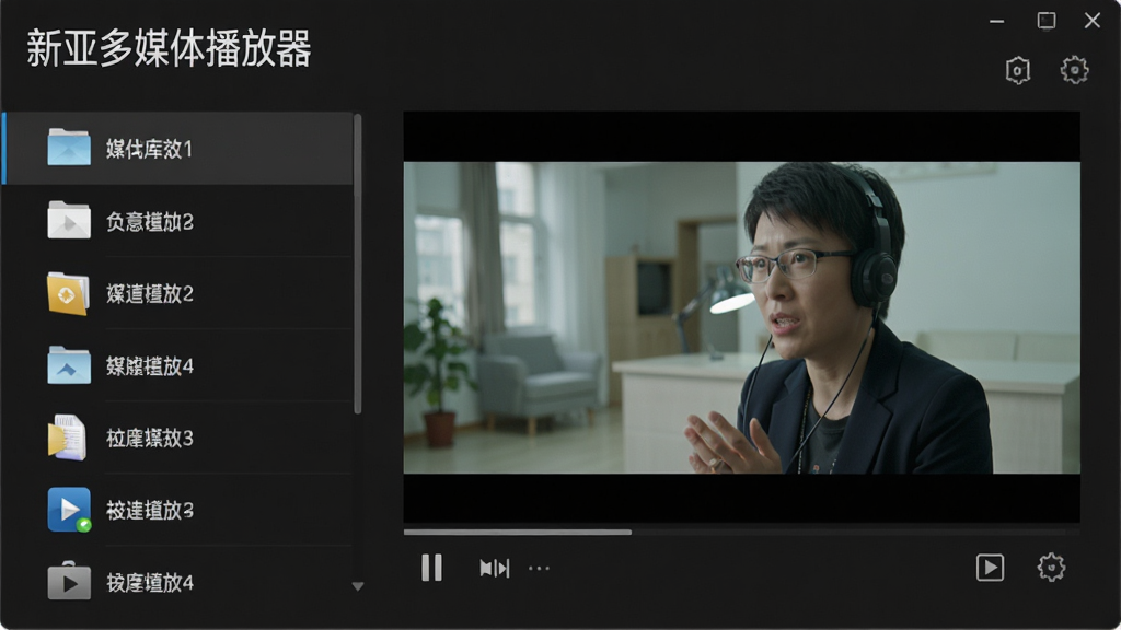 展示新亚多媒体播放器主界面的截图,界面左侧是媒体库文件列表,右侧是预览窗口,正在播放一个高清视频,画面清晰,软件名称“新亚多媒体播放器”在左上角醒目显示,整体UI设计现代,采用深色主题,图标清晰,布局合理,画质干净