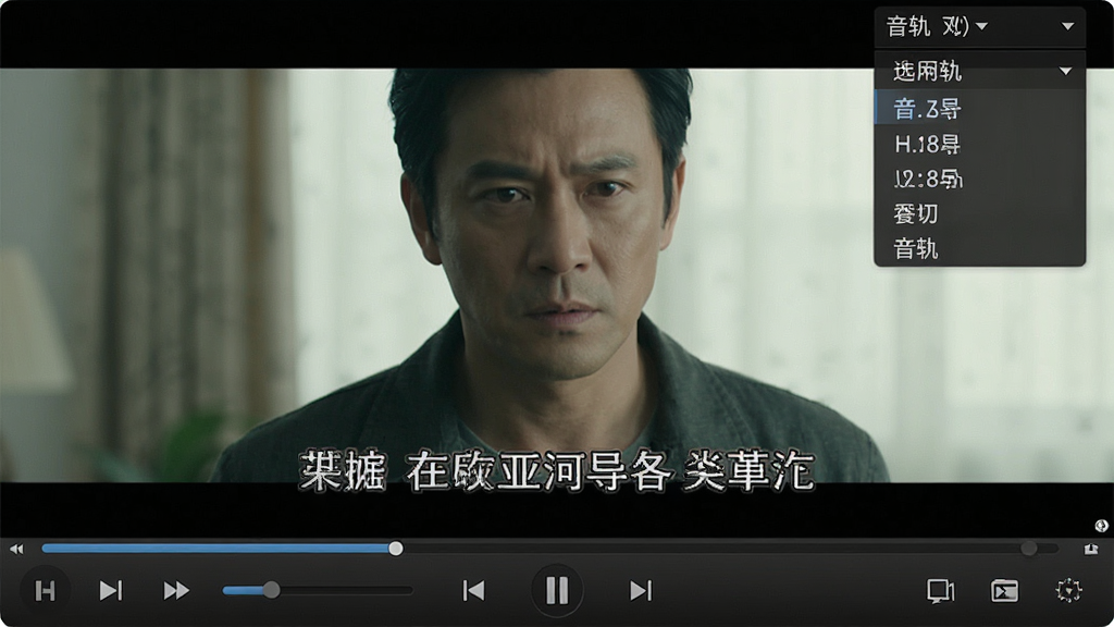 新亚多媒体播放器正在播放电影,画面下方显示清晰的中文字幕,右上角有音轨切换的菜单下拉列表,界面布局规整,字幕显示白色描边效果,播放器控制栏清晰可见,整体风格专业,画质清晰