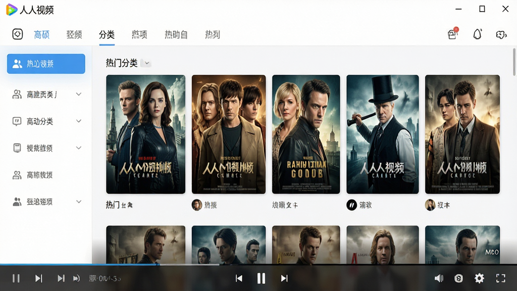 人人视频软件主界面预览图,展示高清视频播放页面,包含热门剧集海报墙、分类导航栏、底部播放控制条,整体风格简洁现代,色彩明亮,画质清晰,干净无多余元素
