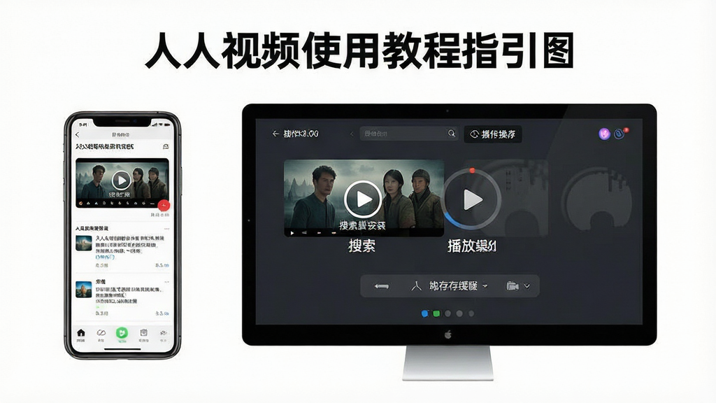 人人视频使用教程指引图,展示手机和电脑上安装、搜索、播放、缓存等操作步骤的示意画面,配以简洁文字说明,风格清晰,画质高清,干净无多余元素