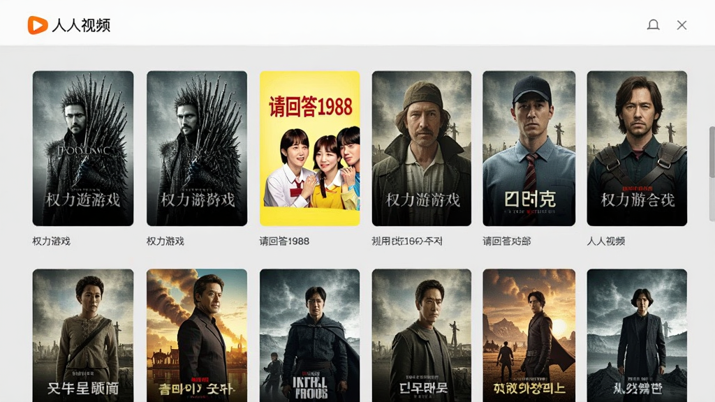 展示“人人视频”资源库界面,屏幕上排列着各种剧集海报,包括美剧《权力的游戏》、韩剧《请回答1988》等,界面网格布局,海报精美,背景浅灰,画质清晰,干净整洁。