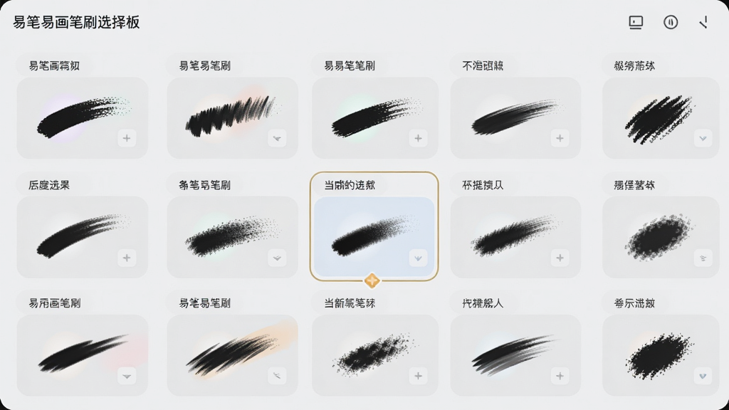 主体:易笔易画笔刷选择面板,展示多种笔刷图标。布局:网格状排列,每个笔刷有名称和预览。排版:整齐有序,高亮显示当前选中的笔刷。风格:扁平化UI,色彩柔和。细节:笔刷图标包含不同笔触效果,背景为浅灰色。画质:高清,干净,无多余元素。