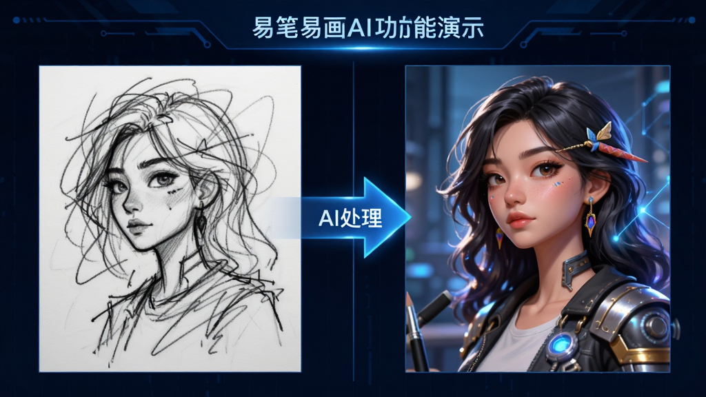 主体:易笔易画AI功能演示,左侧为草图,右侧为AI处理后的成品。布局:左右对比,中间有箭头指示。排版:分栏对比,标注“AI处理”字样。风格:科技感,蓝色调为主。细节:草图线条凌乱,成品色彩丰富细节完整。画质:高清,干净,无多余元素。