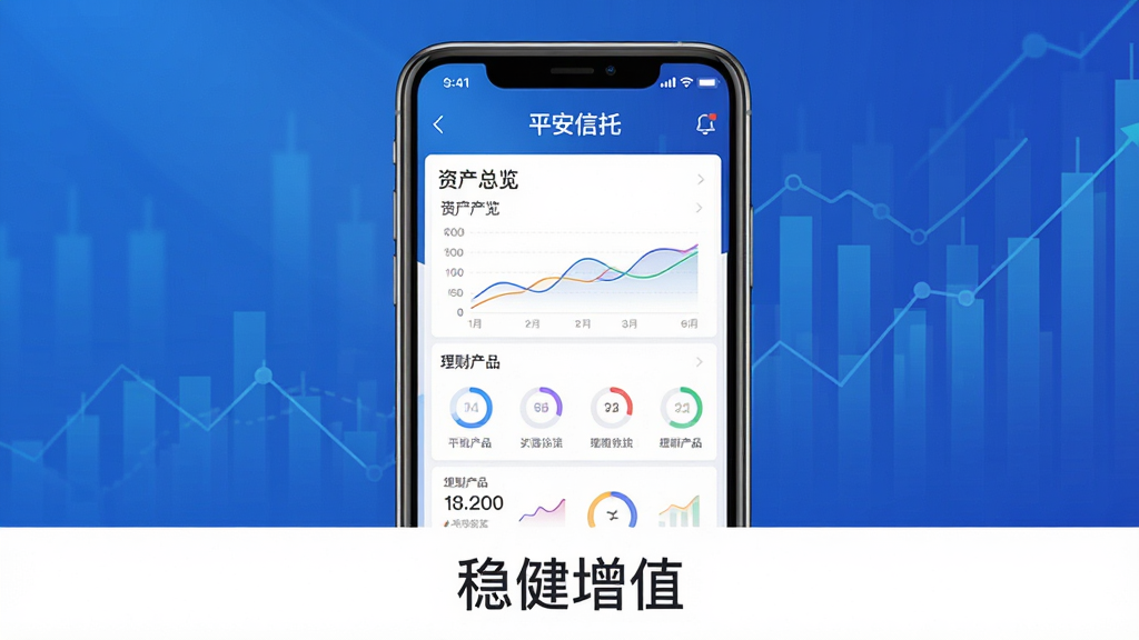 主体:平安信托APP界面,手机屏幕显示资产总览与理财产品列表,背景为蓝色渐变金融风格,布局:手机居中,四周留白,下方有“稳健增值”字样,排版:干净整洁,信息层级分明,风格:现代商务,细节:界面数据图表清晰,画质:高清,干净,无多余元素