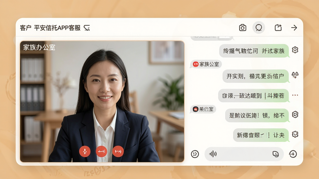 主体:平安信托APP客服界面,客户与理财经理视频通话中,布局:屏幕左侧是视频窗口,右侧是聊天记录,风格:温馨专业,细节:界面有“家族办公室”字样,画质:高清,干净,无多余元素