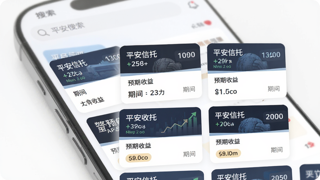 主体:平安信托APP产品列表页,屏幕展示多款信托产品卡片,布局:卡片式排列,上方搜索栏,风格:简洁现代,细节:每张卡片有产品名称、预期收益、期限标签,画质:高清,干净,无多余元素