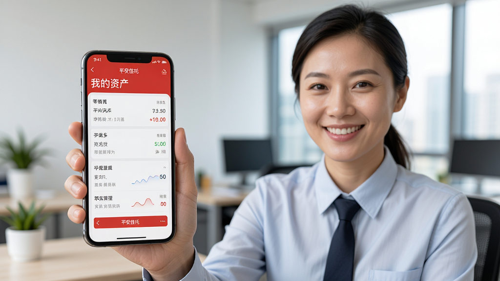 主体:用户手持手机使用平安信托APP,屏幕显示“我的资产”界面,布局:人物半身像,手机屏幕清晰可见,背景为办公室环境,风格:真实摄影,细节:用户面带微笑,界面数据清晰,画质:高清,干净,无多余元素