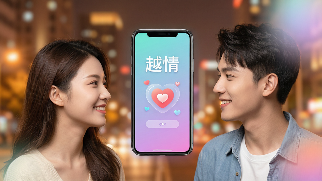 一幅现代风格的社交软件宣传海报,主体为越情APP的界面展示,背景是温馨模糊的城市夜景,前景是一对年轻男女微笑对视,画面中央悬浮着手机,屏幕显示“越情”二字和配对成功的心形动画,布局采用中心对称,排版干净,风格清新明亮,细节包括柔和的渐变光效和细腻的阴影,画质高清,干净无多余元素,文字“越情”清晰可见