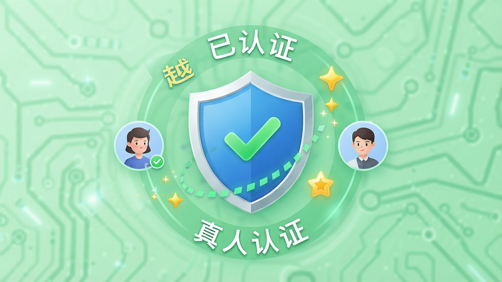 越情APP身份认证功能的展示图,主体是一个盾牌形状的认证图标,周围环绕着“已认证”字样和用户头像,背景是淡绿色科技感纹理,布局居中,排版简洁,风格商务大气,细节包括认证通过的勾选动画和星星特效,画质高清,干净无多余元素,文字“越情”和“真人认证”清晰可见