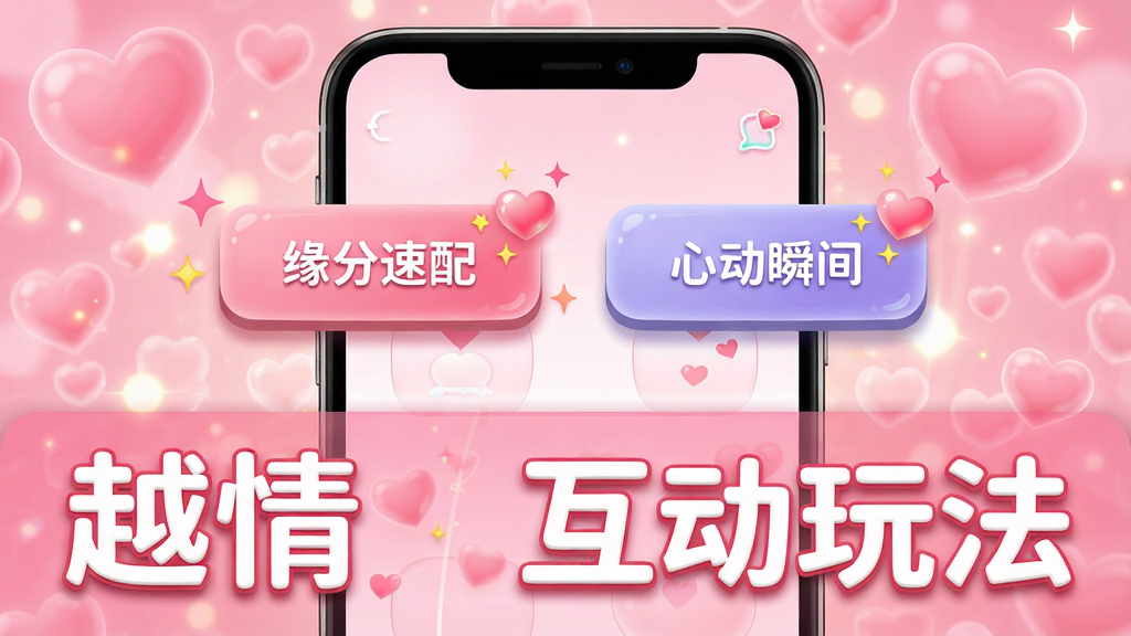 越情APP互动功能操作界面,主体是手机屏幕,显示“缘分速配”和“心动瞬间”两个功能按钮,背景是粉色爱心气泡和光斑,布局分为上下两个区域,排版活泼,风格甜美可爱,细节包括按钮的立体效果和闪烁的爱心图标,画质清晰,干净无多余元素,文字“越情”和“互动玩法”醒目展示